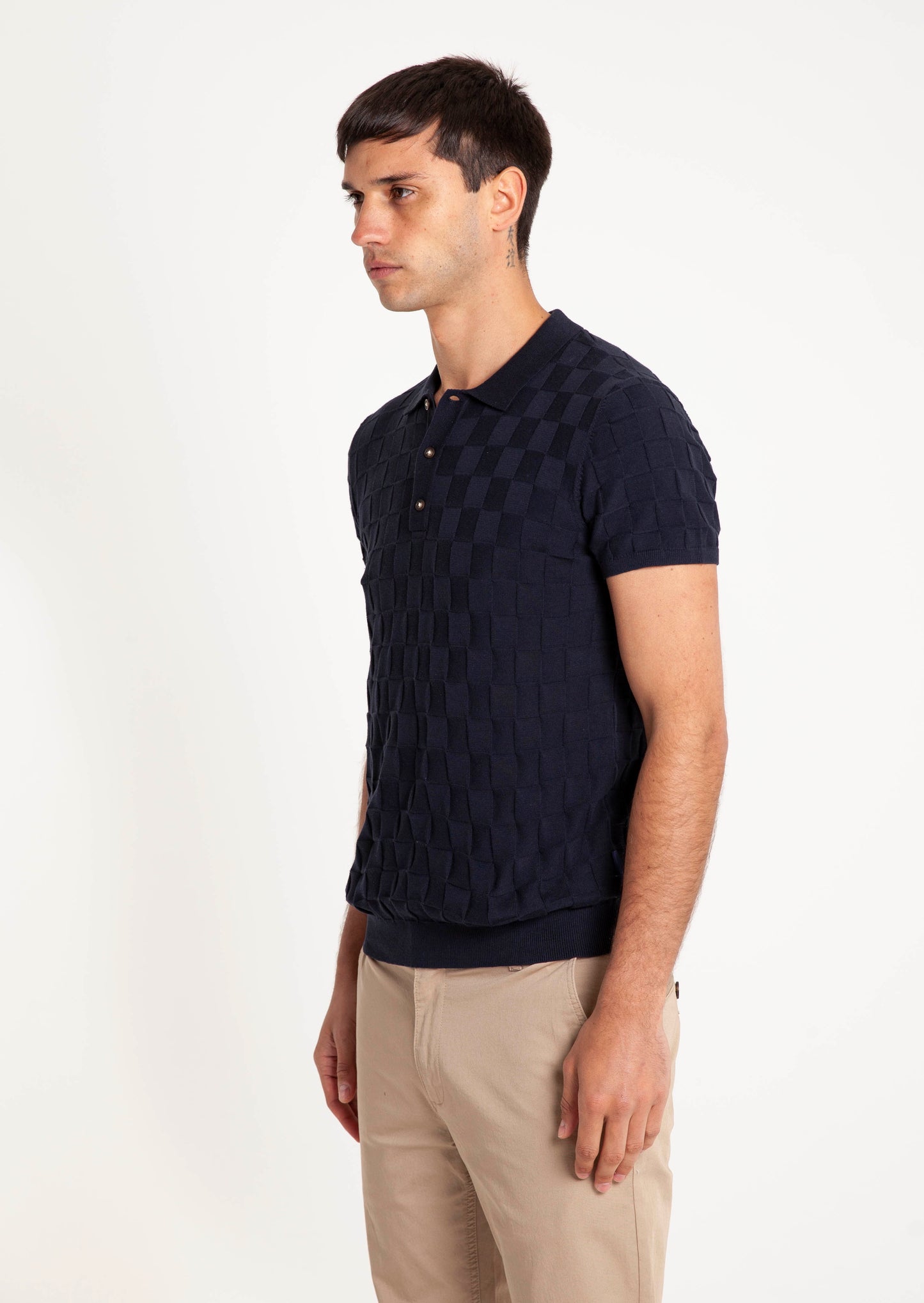 Knitted Textured Polo - Navy