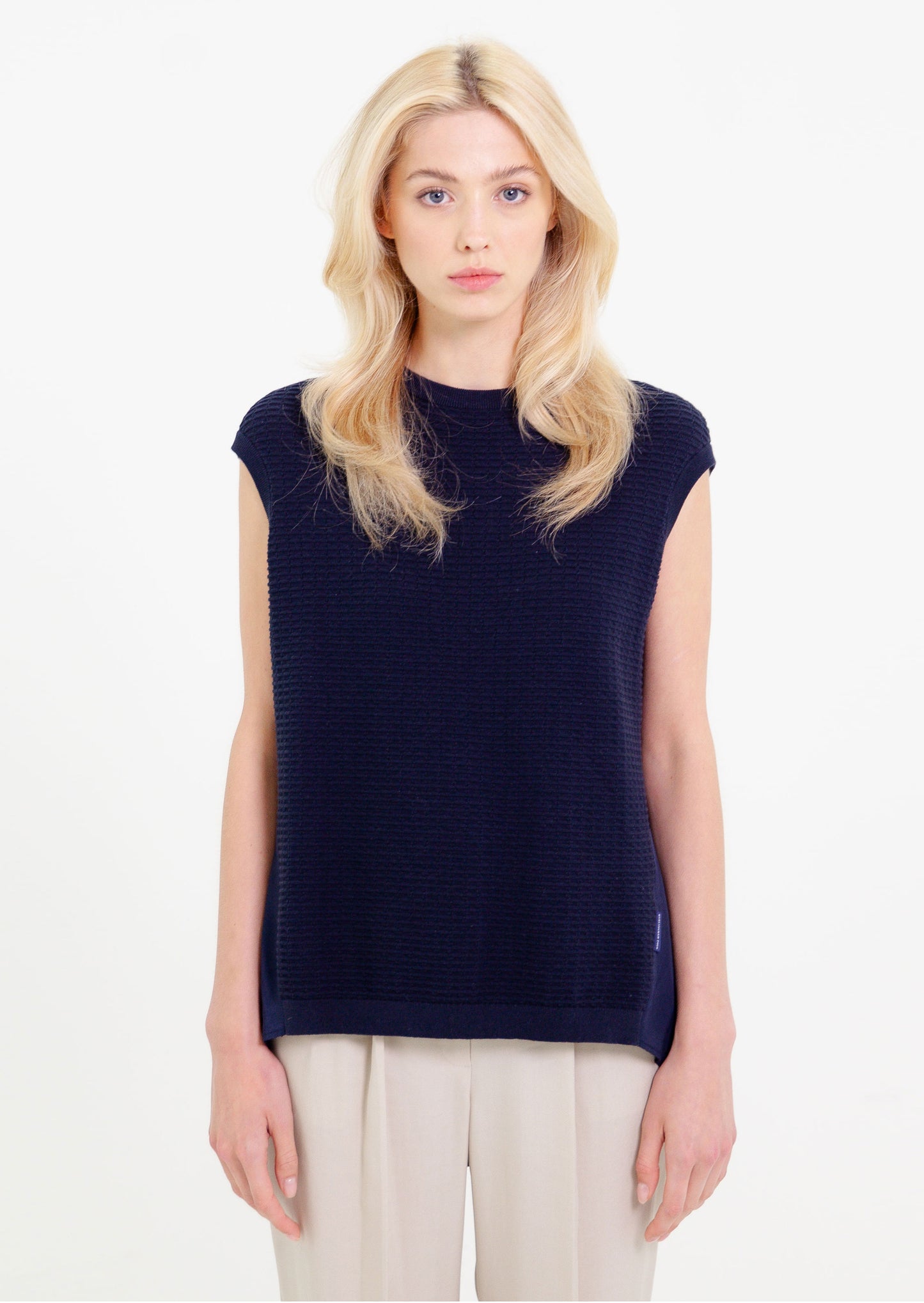Womens Crew Neck hybrid knit - Navy