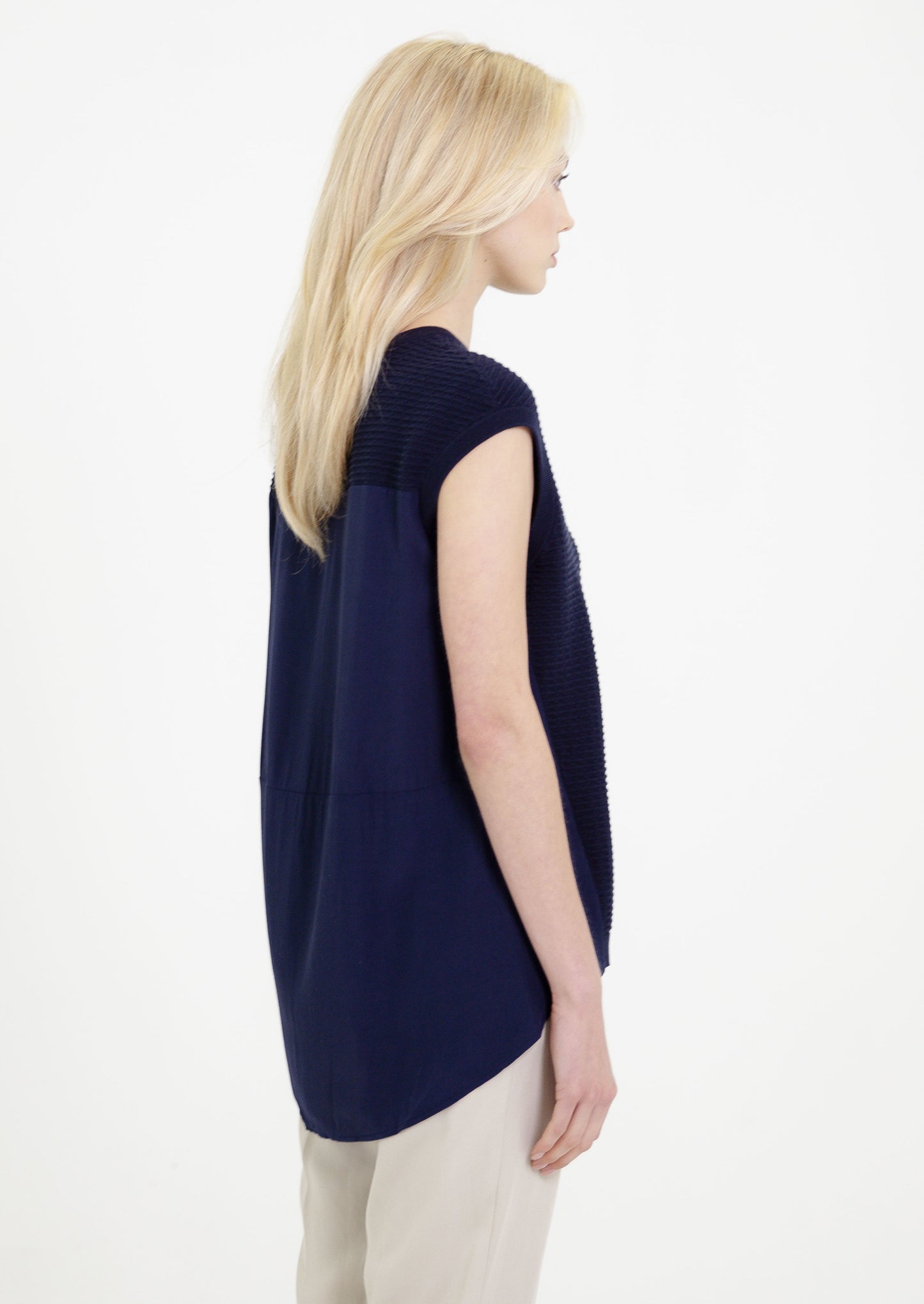 Womens Crew Neck hybrid knit - Navy